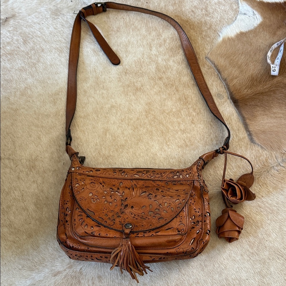 Patricia Nash Leather Lace Camila crossbody bag Brown Leather Floral Rosette